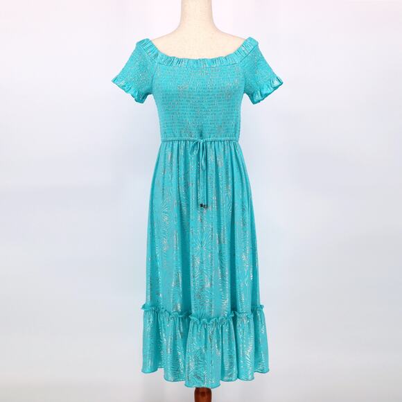 Michael Kors Women Turquoise Foil Off The Shoulder Smocked Midi Dress Size L - Picture 1 of 4